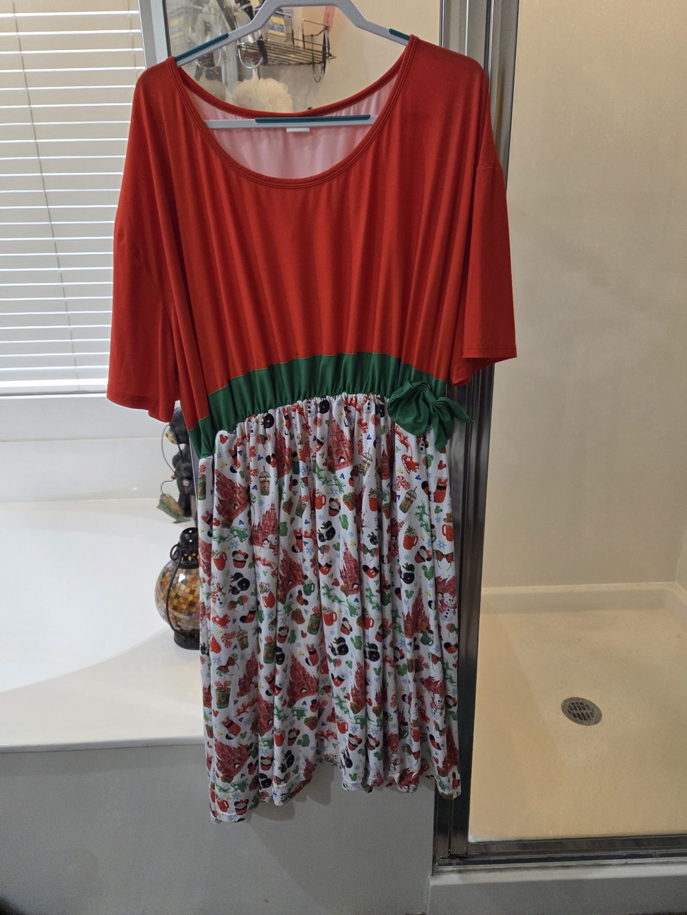 Disney Red and White Holiday Print Dress with Green Waist